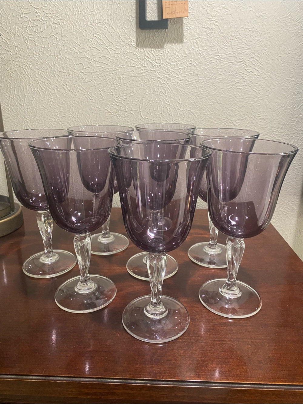 Set of 8, Cristal D’Argues Durand, Amethyst Goblets with Clear Twisted Stems